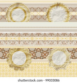 vector  seamless pattern with scrapbook elements: lacy napkins, sheets of paper, ribbons, tags, old paper texture