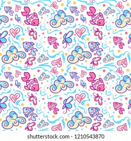 Vector seamless pattern with scribble fish  Doodle, childhood style, picture. Regular background, sweet, pastel , multicolored colors. Printable bright design on wight background