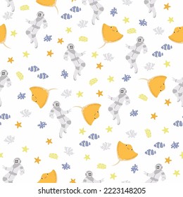 Vector seamless pattern with scuba diver, devilfish, algae, starfish,.Underwater cartoon creatures.Marine background.Cute ocean pattern for fabric, childrens clothing,textiles,wrapping paper