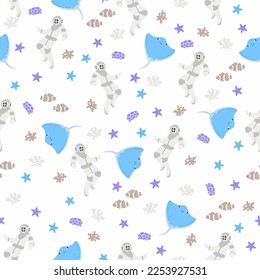 Vector seamless pattern with scuba diver, devilfish, algae, starfish,.Underwater cartoon creatures.Marine background.Cute ocean pattern for fabric, childrens clothing,textiles,wrapping paper