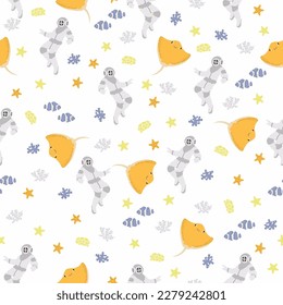 Vector seamless pattern with scuba diver, devilfish, algae, starfish,.Underwater cartoon creatures.Marine background.Cute ocean pattern for fabric, childrens clothing,textiles,wrapping paper