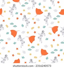 Vector seamless pattern with scuba diver, devilfish, algae, starfish,.Underwater cartoon creatures.Marine background.Cute ocean pattern for fabric, childrens clothing,textiles,wrapping paper