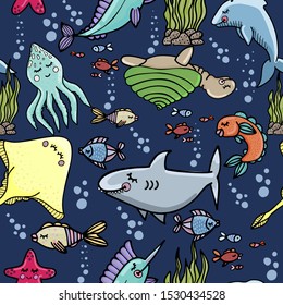 Vector Seamless Pattern. Sea, Sea Animals And Fish. Ideal For Textile, Paper And Souvenir Products.