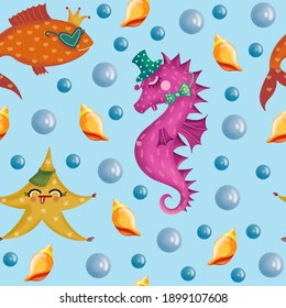 Vector seamless pattern with sea animals. Bright baby background in marine style