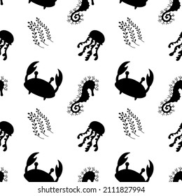 Vector seamless pattern with sea animals. Silhouette illustration in black color for fabric, textile, wrapping paper.