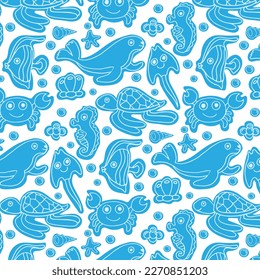 Vector seamless pattern. Sea, sea animals and fish. Ideal for textile, paper and souvenir products.
