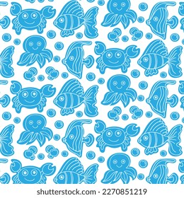 Vector seamless pattern. Sea, sea animals and fish. Ideal for textile, paper and souvenir products.