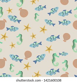 Vector of seamless pattern with sea animals:fishes,starfish,seahorse and shells