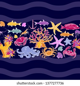 Vector seamless pattern of Sea bottom. Cartoon Hand drawing  illustration of various sea creatures.  Fish, crab coral octopus shell and starfish. Marine-themed design elements on blue wave background.