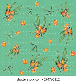 Vector seamless pattern with sea buckthorn on green background