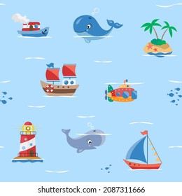 Vector seamless pattern with sea cartoon characters.Ocean illustration with islands, ships, whales, lighthouse.Repeated texture with sea cartoon characters.Kids textile pattern with marine animals