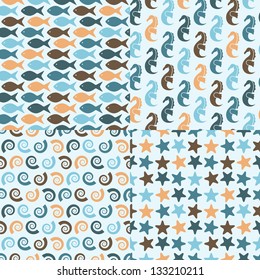 vector seamless pattern with sea crestures: fishes, sea horses, starfishes and shells, fully editable eps 8 file with clipping masks and patterns in swatch menu