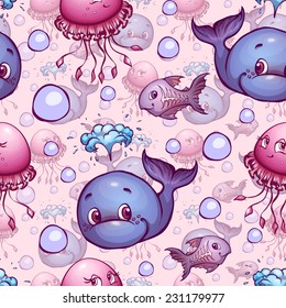 Vector seamless pattern with sea cute animals.