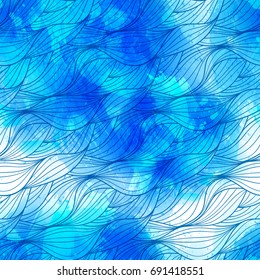 Vector seamless pattern of sea doodle waves, wavy lines with vector watercolor texture. Abstract striped background with watercolour drops and strokes