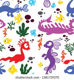 vector seamless pattern with sea dragons, seahorses, fish and algae