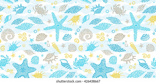 Vector seamless pattern with sea element, crabs, seashells. Ornate maritime decor from drops. Spotty sea background for wallpaper, pattern fills, web page, surface textures. Marine life.