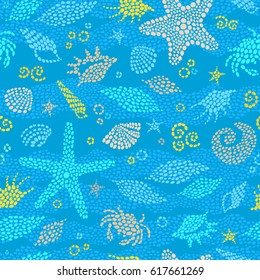 Vector seamless pattern with sea element, crabs, seashells. Ornate maritime decor made from spots. Spotty blue sea background for wallpaper, pattern fills, web page, surface textures. Marine life.