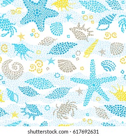 Vector seamless pattern with sea element, crabs, seashells. Ornate maritime decor made from spots. Spotty sea background for wallpaper, pattern fills, web page, surface textures. Marine life.