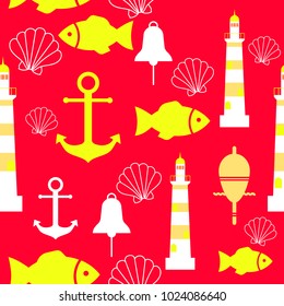 Vector seamless pattern with sea elements: lighthouses, anchors, fish, shell. Can be used for wallpapers, web page backgrounds.