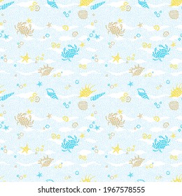 Vector seamless pattern with sea elements, crabs, seashells, beach, and waves. Ornate maritime decor from drops. Spotty background for wallpaper, pattern fills, web page, surface textures. Marine life