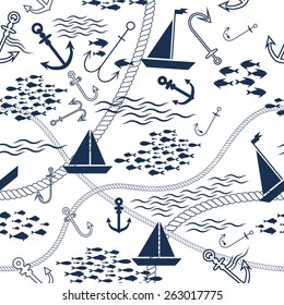 Vector seamless pattern with sea elements: ships, anchors, fish, rope. Can be used for wallpapers, web page backgrounds.