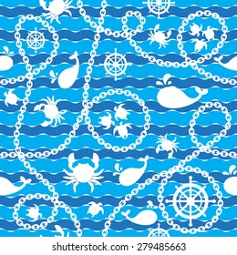 Vector seamless pattern with sea elements: crab, whale, sea turtle. Can be used for wallpapers, web page backgrounds. Beautiful design for postcard