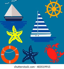  Vector seamless pattern with sea elements: lighthouses, ships, anchors. Can be used for wallpapers, web page backgrounds.