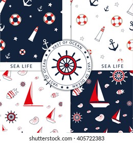 Vector seamless pattern with sea elements: lighthouses, ships, anchors