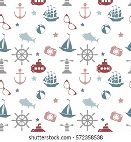 Vector seamless pattern with sea elements: lighthouses, ships, anchors, submarines. Can be used for wallpapers, web page backgrounds.