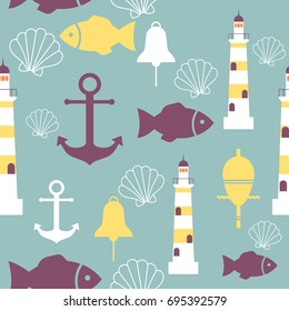 Vector seamless pattern with sea elements: lighthouses, anchors, fish, shell. Can be used for wallpapers, web page backgrounds. Eps10