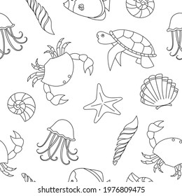 Vector seamless pattern with sea fauna. Background with starfish, jellyfish, fish, crab, shell. Abstract decorative cute illustration. Graphic design elements for print and web