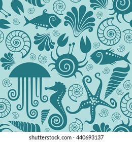 Vector seamless pattern with sea fauna. Background with starfish, sea horse, jellyfish, fish, crab, shell, nautilus. Abstract decorative cute illustration. Graphic design elements for print and web