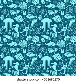 Vector seamless pattern with sea fauna. Background with starfish, sea horse, jellyfish, fish, crab, shell, nautilus. Abstract decorative cute illustration. Graphic design elements for print and web