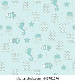 Vector seamless pattern with sea fauna. Background with starfish, sea horse, jellyfish, fish, crab. Background for textile or book covers, construction, wallpaper, print, gift wrapping, scrapbooking.