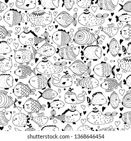 vector seamless pattern with sea fish. Bright tropical fish doodles in the naive style