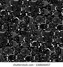 vector seamless pattern with sea fish. Bright tropical fish doodles in the naive style