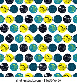 vector seamless pattern with sea fish. Bright tropical fish doodles in the naive style
