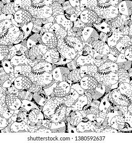 vector seamless pattern with sea fish. Bright tropical fish doodles in the naive style