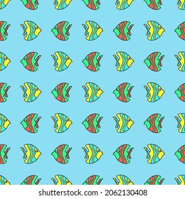 Vector seamless pattern with sea fish. Creative design with color medusa, sea horse, jelly fish, star fish on the color background. Vector illustration. Textile pattern, print pattern. 