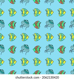 Vector seamless pattern with sea fish. Creative design with color medusa, sea horse, jelly fish, star fish on the color background. Vector illustration. Textile pattern, print pattern. 