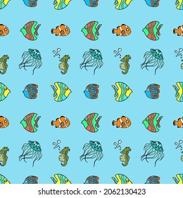 Vector seamless pattern with sea fish. Creative design with color medusa, sea horse, jelly fish, star fish on the color background. Vector illustration. Textile pattern, print pattern. 