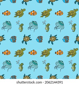 Vector seamless pattern with sea fish, jelly fish, turtles. Creative design with color sea animals on the color background. Vector illustration. Textile pattern, print pattern. 