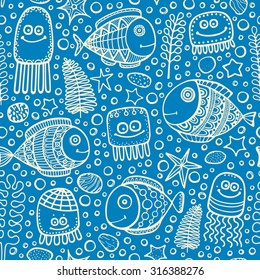Vector seamless pattern with sea fish world. Hand drawn doodle fish, jellyfish, plants, stones, bubbles. Light yellow ornament on blue background.