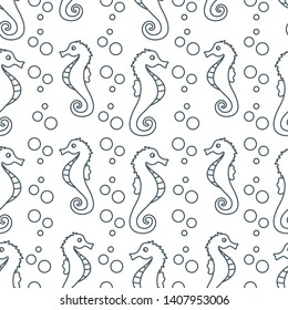 Vector seamless pattern with sea horses and bubbles. Marine background. Design for textile, banner, poster or print.
