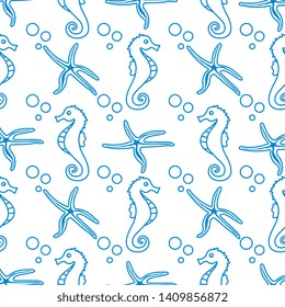 Vector seamless pattern with sea horses, starfish and bubbles. Marine background. Design for textile, banner, poster or print.