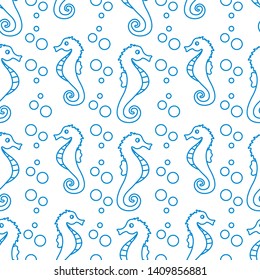 Vector seamless pattern with sea horses and bubbles. Marine background. Design for textile, banner, poster or print.