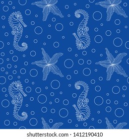 Vector seamless pattern with sea horses, starfish and bubbles. Marine background. Seamless background on the marine theme with seahorses and starfish with bubbles and algae illustration