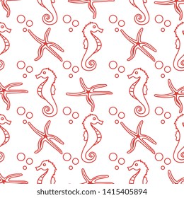 Vector seamless pattern with sea horses, starfish and bubbles. Marine background. Design for textile, banner, poster or print.