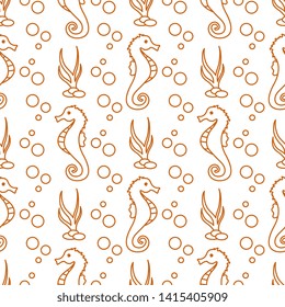 Vector seamless pattern with sea horses, underwater plants and bubbles. Marine background. Design for textile, banner, poster or print.