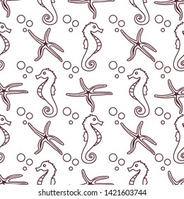 Vector seamless pattern with sea horses, starfish and bubbles. Marine background. Design for textile, banner, poster or print.